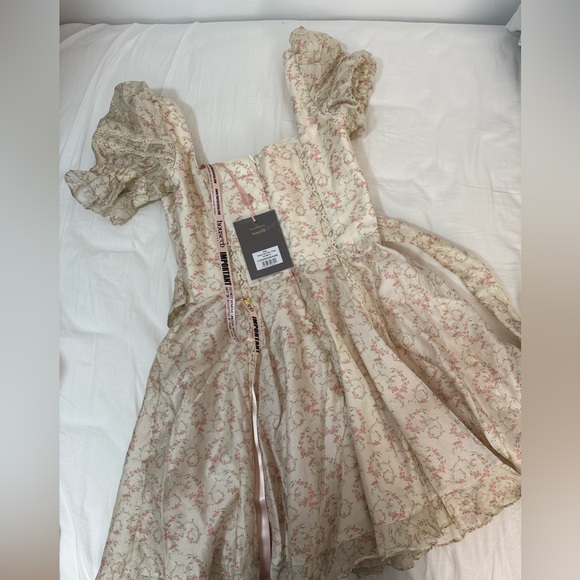 House of cb Melita Cream Floral Print Chiffon Puff Sleeve Mini Dress - Picture 5 of 5